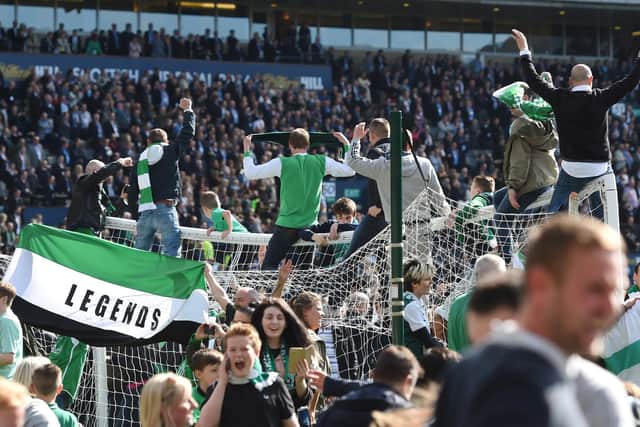 Hibs fans celebrate winning the Scottish Cup. Picture: SNS