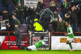 Hibs' Elie Youan sparks bedlam in the away end after scoring his equaliser against Hearts in last season’s 2-2 draw at Tynecastle.