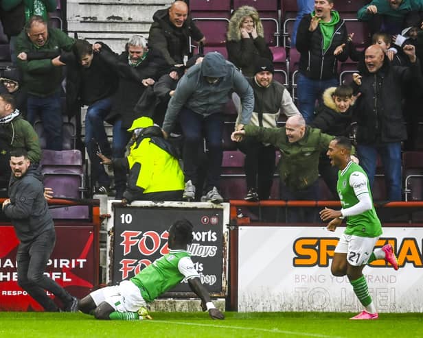 Hibs' Elie Youan sparks bedlam in the away end after scoring his equaliser against Hearts in last season’s 2-2 draw at Tynecastle.