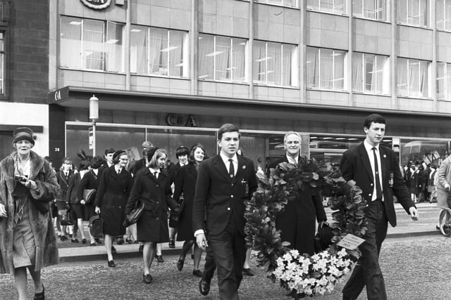 Boys of George Watson's College carry a wreath across Princes Street during the birthday celebrations in memory of David Livingstone in March 1966.