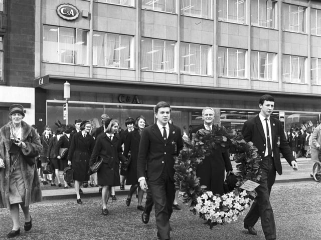 Boys of George Watson's College carry a wreath across Princes Street during the birthday celebrations in memory of David Livingstone in March 1966.