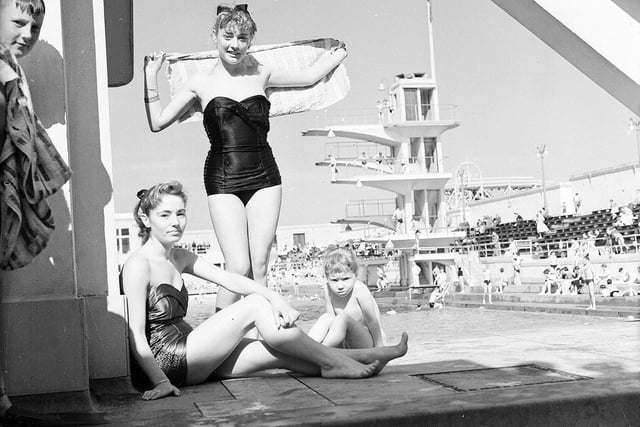 Kay and Jamieson and Ann Gardner pose at Portobello Outdoor Swimming Pool in August 1956.