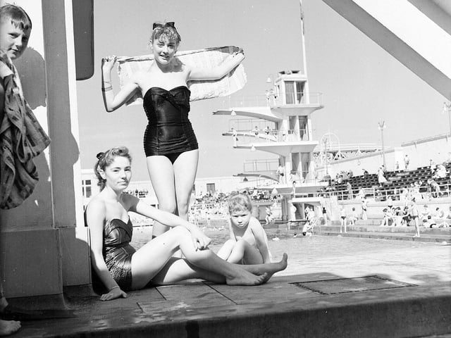 Kay and Jamieson and Ann Gardner pose at Portobello Outdoor Swimming Pool in August 1956.
