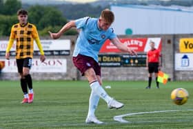 Finlay Pollock scores with a a stunning strike into the top corner against East Fife at New Bayview. Picture: Ross Parker / SNS
