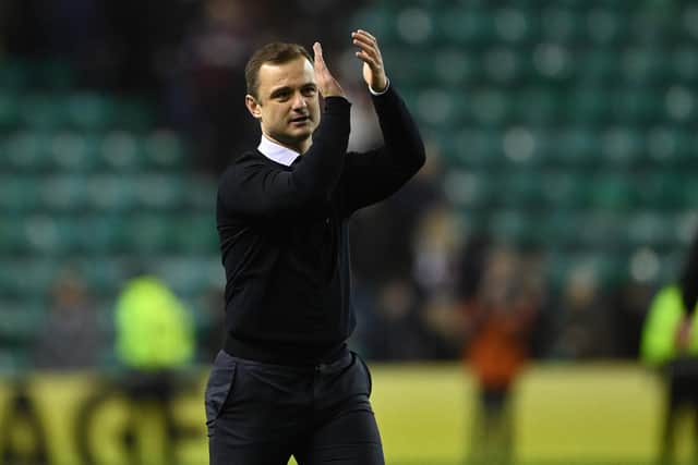 Shaun Maloney applauds the Hibs support after the 0-0 draw with Hearts at Easter Road earlier in the season. Picture: SNS