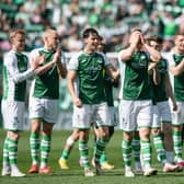 Hibs' players celebrate at full-time after defeating Hearts in Saturday's Edinburgh derby. Picture: SNS
