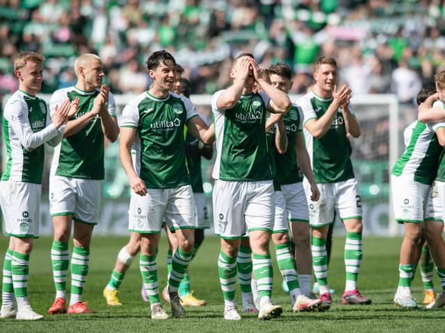 Hibs' players celebrate at full-time after defeating Hearts in Saturday's Edinburgh derby. Picture: SNS