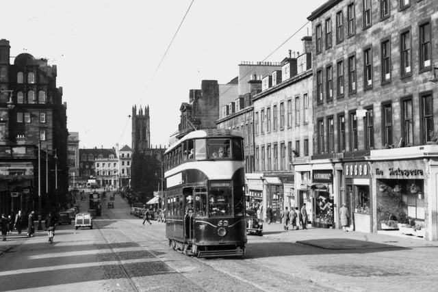 Old Edinburgh tram No. 52, bound for Fairmilehead, is seen at Lothian Road on 11 September 1956.