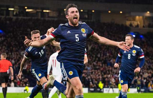 GLASGOW, SCOTLAND - NOVEMBER 15: Scotland’s John Souttar celebrates after scoring to make it 1-0 during a FIFA World Cup Qualifier between Scotland and Denmark at Hampden Park, on November 15, 2021, in Glasgow, Scotland. (Photo by Ross MacDonald / SNS Group)