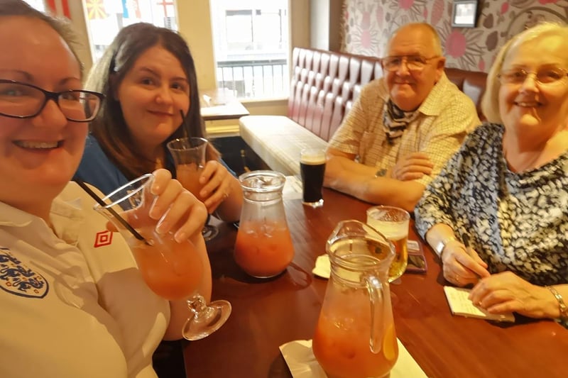 There were smiles all round for Vicky Bates at friends as they watched England's road to victory at The Burlington in Chesterfield town centre last night. Submitted by Vicky Bates.