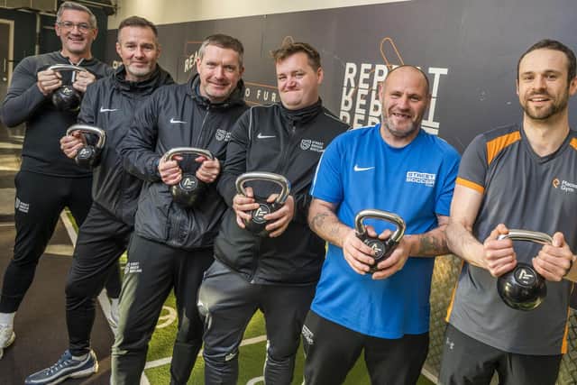 Group pic shows, left to right, from Street Soccer Scotland: Craig McManus, Paddy Maloney, Robbie Wood, William Lambert and Owen Turner alongside Places Gym Leith Walk assistant manager Jonathan Tucket.