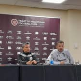 PAOK defender William Troost-Ekong (left) and coach Răzvan Lucescu (centre) at Tynecastle.