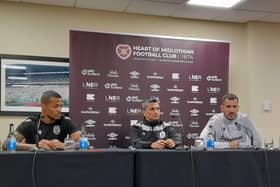 PAOK defender William Troost-Ekong (left) and coach Răzvan Lucescu (centre) at Tynecastle.
