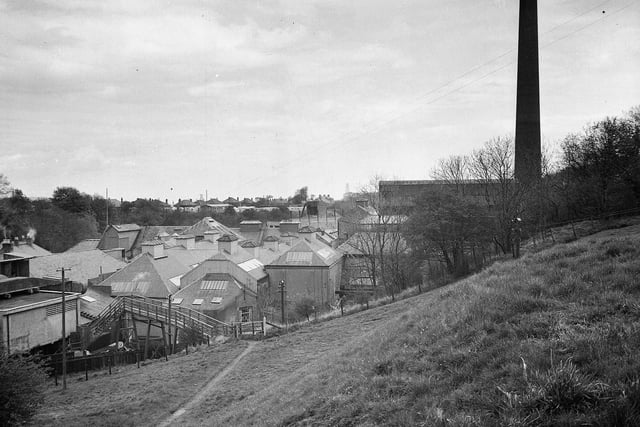 A view of Kinleith Mill and the mill chimney, in Currie, in May 1953.