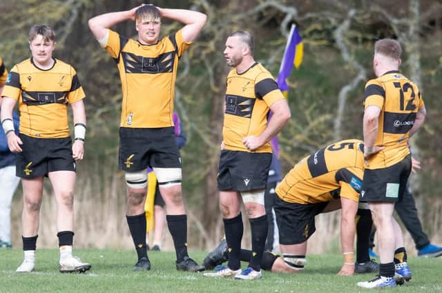 Currie Chieftains look dejected after conceding a late try during the Tennent's Premiership final against Marr