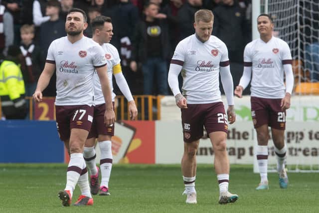 A dejected Hearts team after Motherwell opened the scoring at Fir Park. Picture: SNS