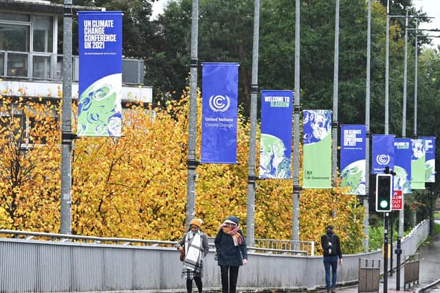 COP26 banners hung around the SEC site and surrounding area.