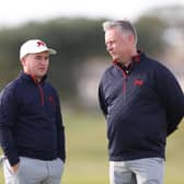 GB&I captain Stuart Wilson, right, chats to England's John Gough dueing a practice round for the 49th Walker Cup at St Andrews. Picture: Oisin Keniry/R&A/R&A via Getty Images.