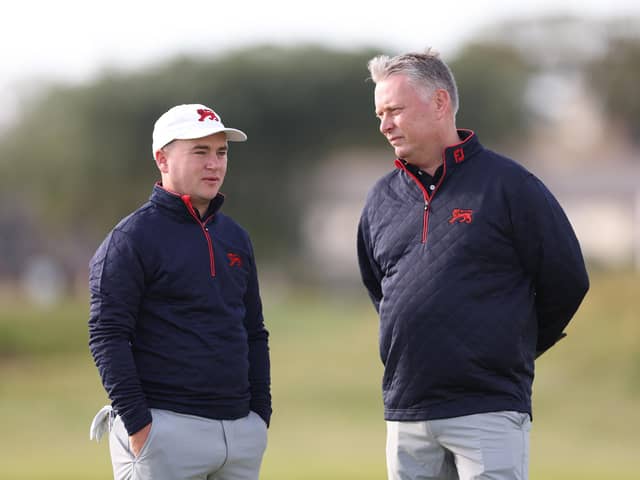 GB&I captain Stuart Wilson, right, chats to England's John Gough dueing a practice round for the 49th Walker Cup at St Andrews. Picture: Oisin Keniry/R&A/R&A via Getty Images.