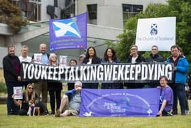 The group Faces And Voices of Recovery held a protest outside the Scottish Parliament as Scotland's drugs death figures were published on July 28, 2022 in Edinburgh.