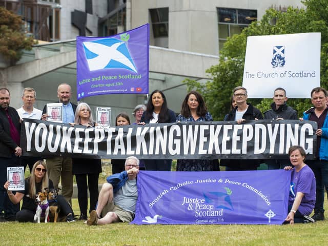 The group Faces And Voices of Recovery held a protest outside the Scottish Parliament as Scotland's drugs death figures were published on July 28, 2022 in Edinburgh.