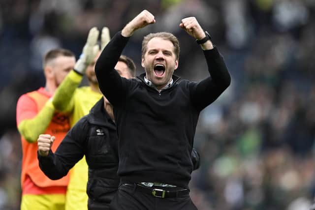 Hearts manager Robbie Neilson celebrates at full time during the Scottish Cup semi-final