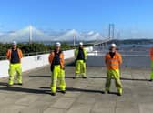 Openreach engineers are pictured at work on the Forth Road Bridge