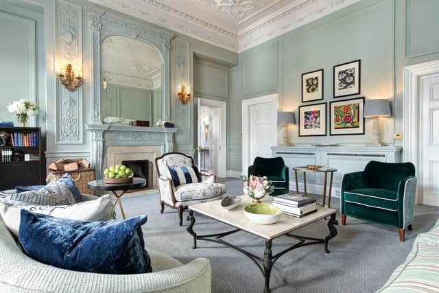 The Living Room in the Scone & Crombie Suite, where shades of delicate blue and grey, evoke Scottish skies and lochs