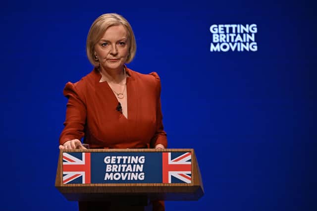 Liz Truss delivers her keynote address on the final day of the annual Conservative Party Conference in Birmingham (Picture: Paul Ellis/AFP via Getty Images)