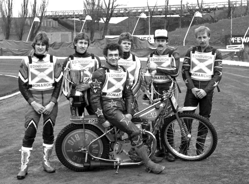Some of the Edinburgh Monarchs motorcycle speedway team at Powderhall in March 1982.