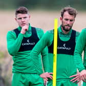Hibs' Kevin Nisbet, Christian Doidge and Paul Hanlon during training. Photo by Mark Scates / SNS Group
