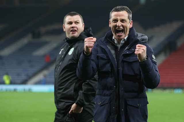 Hibs head coach Jack Ross leads the celebrations at full-time after his side bettered Rangers in the Premier Sports Cup semi-final. Picture: SNS
