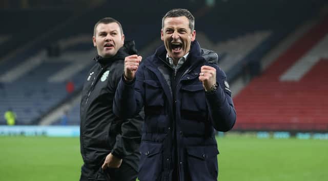 Hibs head coach Jack Ross leads the celebrations at full-time after his side bettered Rangers in the Premier Sports Cup semi-final. Picture: SNS