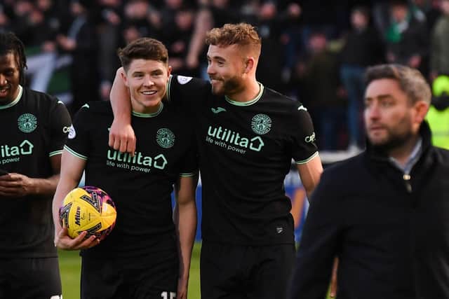 Kevin Nisbet and Ryan Porteous celebrate Hibs' win at Motherwell earlier this month
