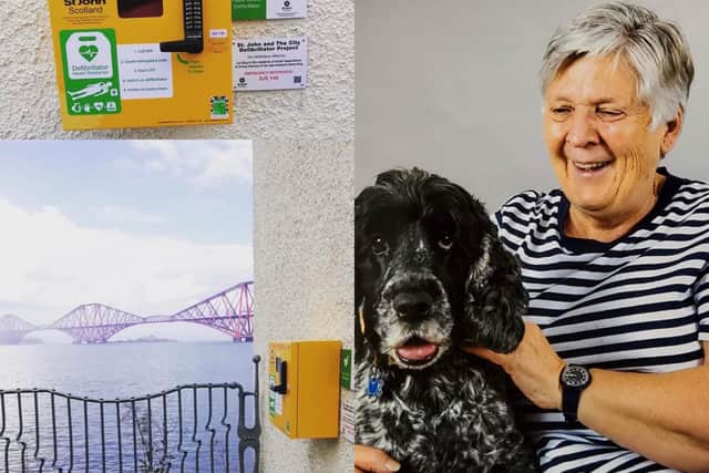 Liz King donates defibrillator to South Queensferry community in memory of husband.