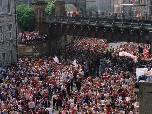 Crowds celebrate Hearts winning the Scottish Cup, on Gorgie Road in 1998.