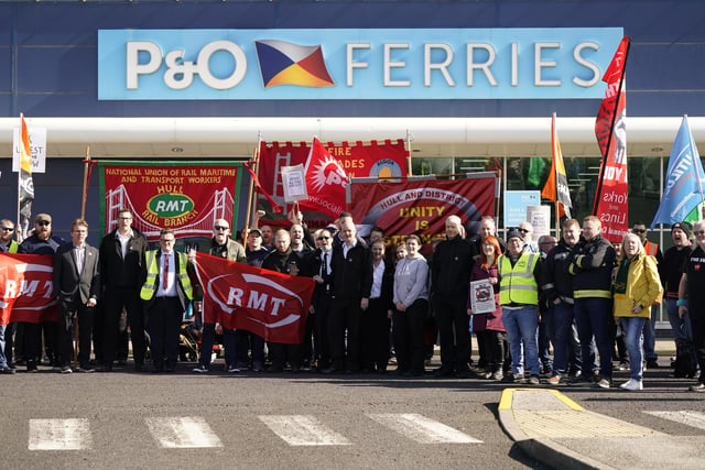 Protesters stand outside the P&O building at the Port of Hull,