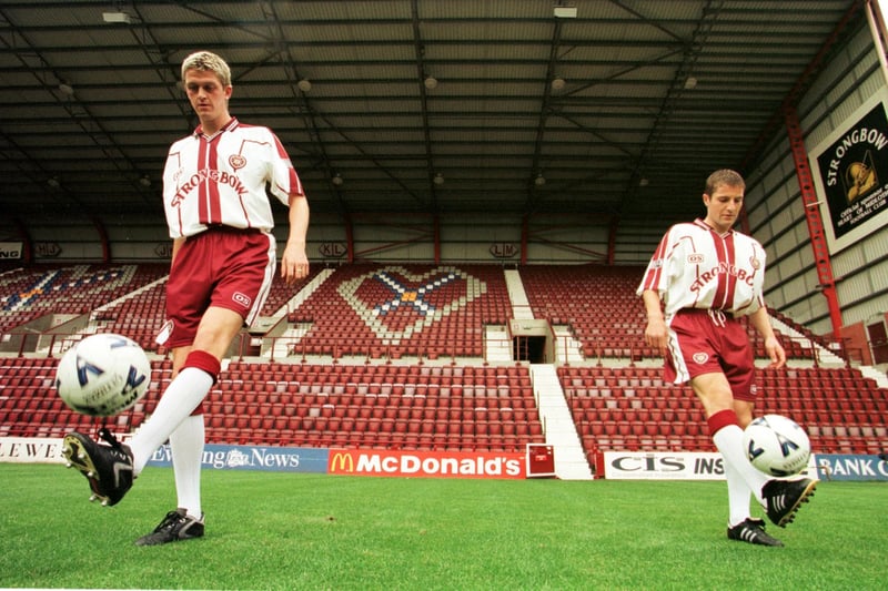 Hearts players Kevin James and Grant Murray at the launch of this popular Hearts strip in 1999.