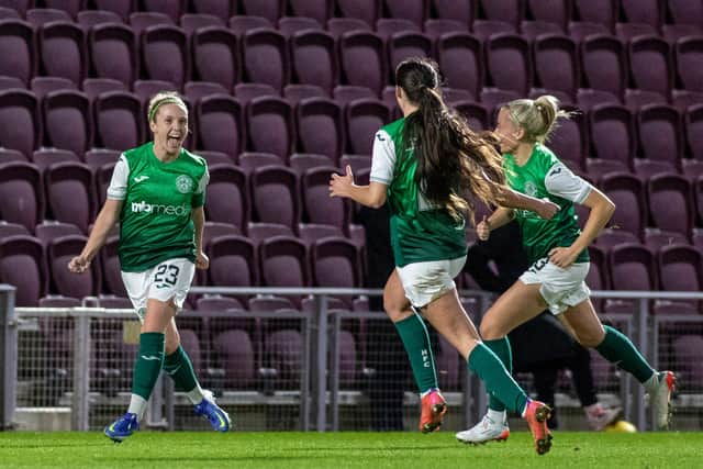 Rachael Boyle celebrates her opening goal with Shannon Leishman and Amy Muir. Picture: Thomas Brown