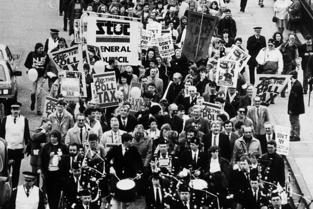 Protesters were out in force in the city centre in a rally against the Poll Tax in April 1989, pictured heading up the Mound.