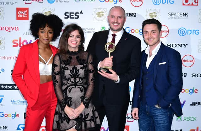 Deborah James, second from left, with Rachel Adedeji, Steve Bland and Ray Quinn, as they receive the award for Best Podcast for the show You, Me and the Big C at the TRIC Awards in 2019 (Picture: Ian West/PA)
