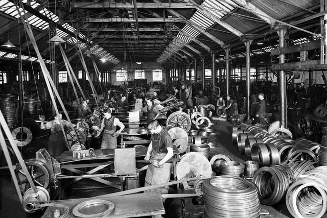 Workers in the strip department of Bruntons Wireworks, in Musselburgh, in 1950.