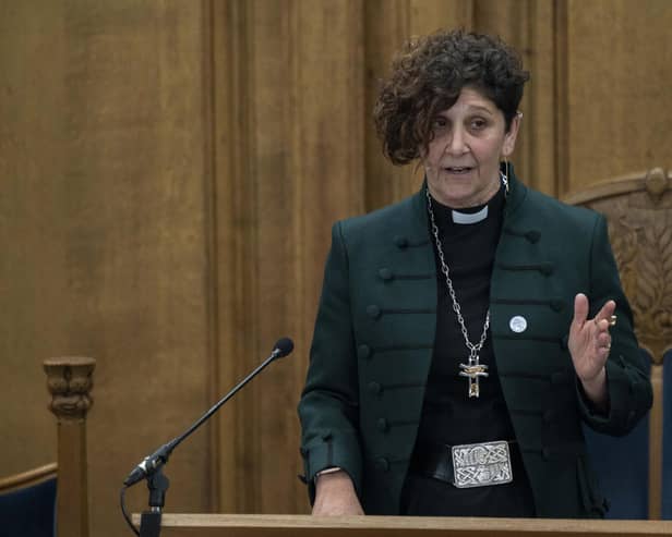 New Moderator the Rt Rev Sally Foster-Fulton said she had gone "a bit rogue" in choosing a green jacket for her formal outfit.  Picture: Andrew O'Brien.