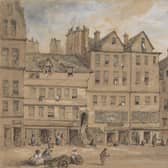 Gladstone's Land painted in 1855 by Henry Gibson Duguid (1805 - 1860). The building housed a tavern, an upmarket shop and a number of expensive apartments. It is now run by the National Trust for Scotland. PIC:  National Galleries of Scotland.