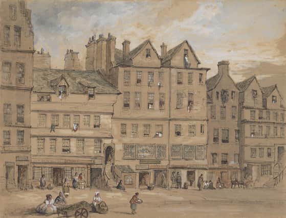 Gladstone's Land painted in 1855 by Henry Gibson Duguid (1805 - 1860). The building housed a tavern, an upmarket shop and a number of expensive apartments. It is now run by the National Trust for Scotland. PIC:  National Galleries of Scotland.