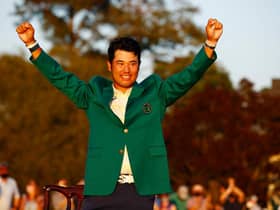 Hideki Matsuyama celebrates after receiving the Green Jacket after winning the 85th Masters at Augusta National Golf Club. Picture: Jared C. Tilton/Getty Images.