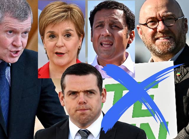 The leaders of Holyrood's five largest parties: Willie Rennie, Nicola Sturgeon, Douglas Ross, Anas Sarwar, Patrick Harvie (and co-leader Lorna Slater) (Credit: Mark Hall)