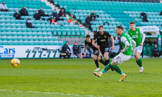 Martin Boyle won and then confidently despatched his penalty to put Hibs 2-0 up against Livingston. (Photo by Mark Scates / SNS Group)