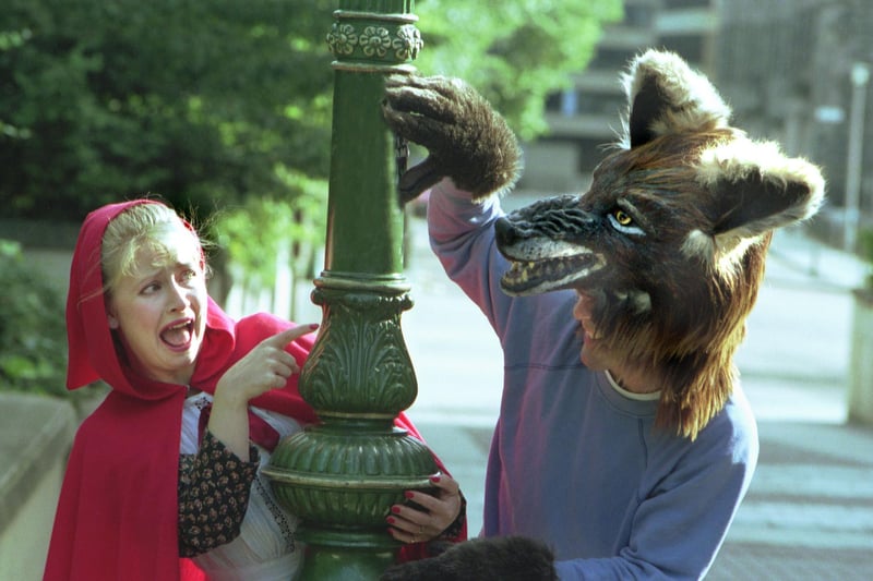 Irene Bartok as Little Red Riding Hood and Ross Mackenzie as the Wolf, from the Five to Five Theatre Company, who staged 'Little Red Riding Hood' at the Chaplaincy Centre during Edinburgh Festival Fringe 1992.