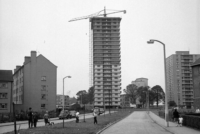 Martello Court, Muirhouse, pictured on the day of its topping out ceremony, 1964.